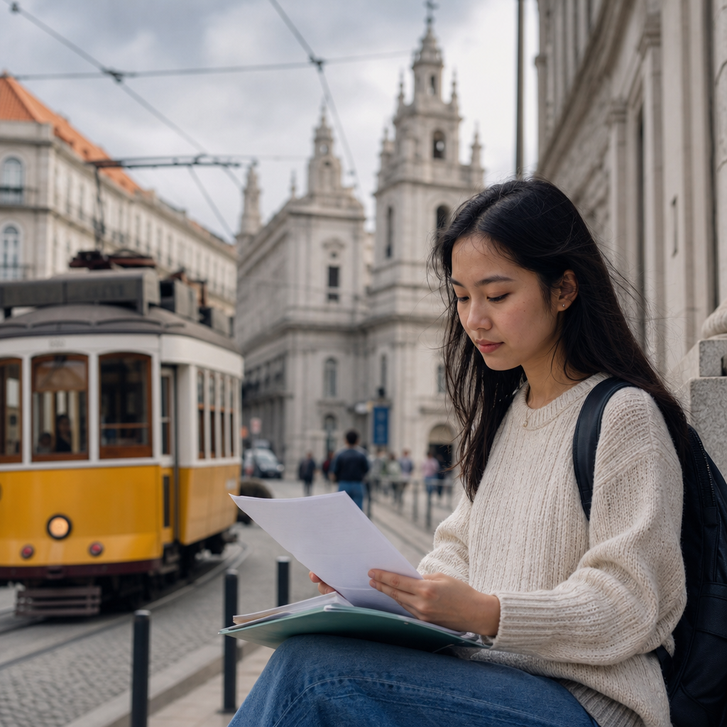 A student with documents for a Portugal residence permit for study or training against a yellow tram and old cathedral.
