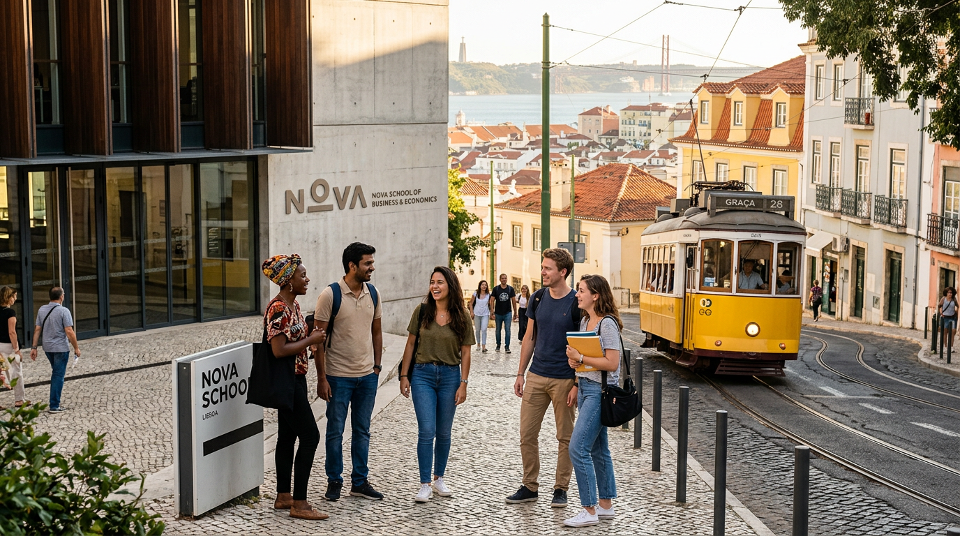 Students talking on a Lisbon street near Nova School as a yellow tram passes by for dgert certified training portugal.