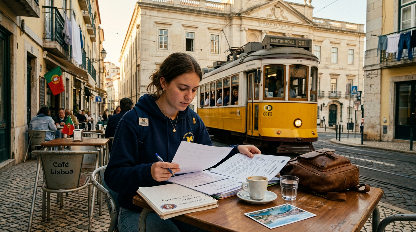 A student girl reviews documents at a Lisbon cafe near a yellow tram, considering a Portugal student visa vs D7 visa.